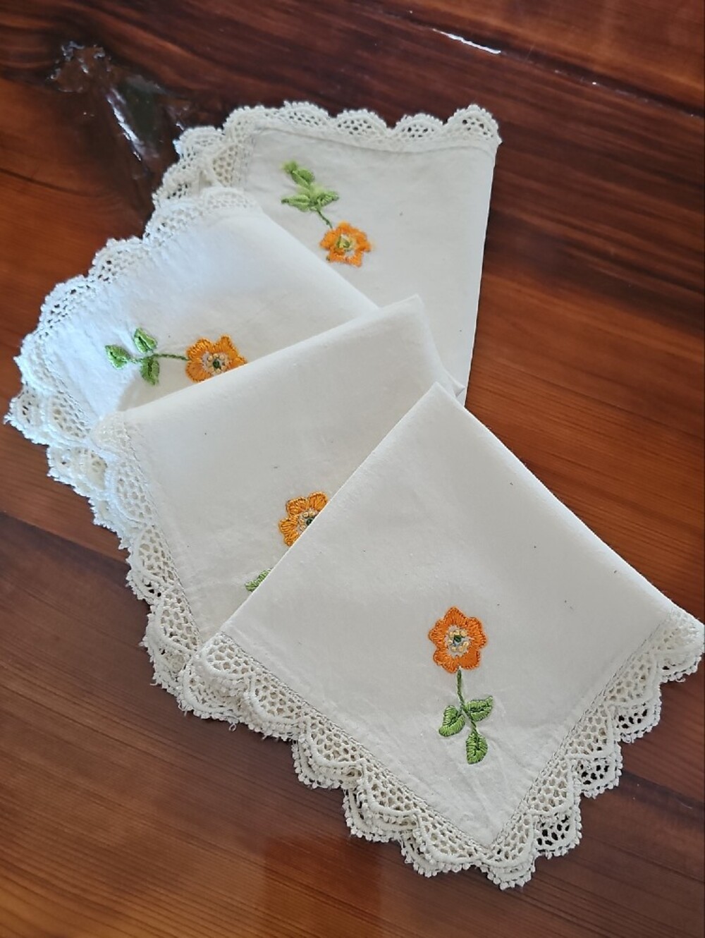 Vintage Cream Embroidered Napkins with Crocheted Edge - Orange Flower